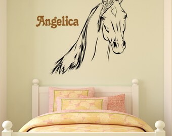Horse decal, name wall decal, pony sticker, girls room personalized mustang decal, teen bedroom decor, college dorm room, 33 X 35 inches