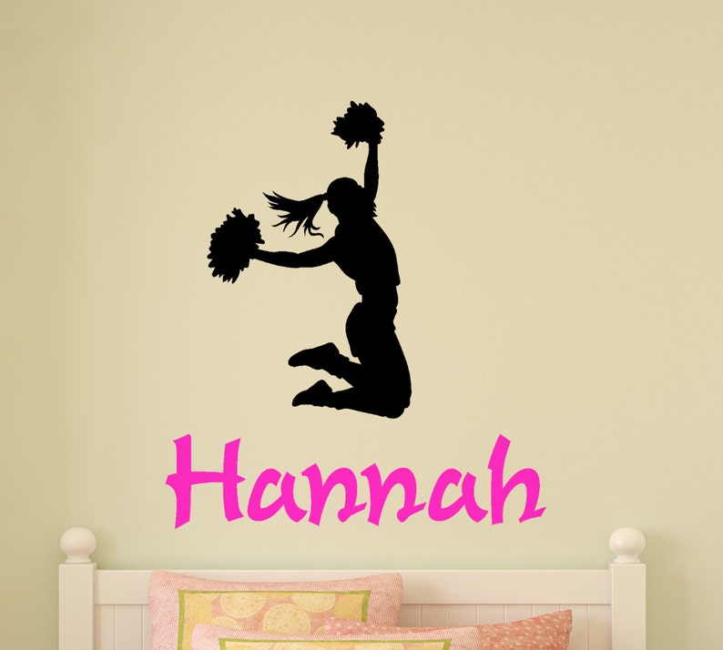 Sports Cheerleader Wall Decal Girls Name Sticker Teen Girl Personalized Cheer Mural Pom Pom College Dorm Decor Kid Childs Bedroom Decor