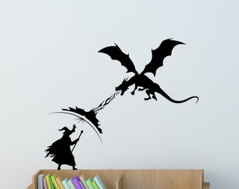 Wizard Dragon Battle Wall Decal Fantasy Theme Video Game Room Boy Girl Bedroom Decor Medieval Sorcery Wand Magic Merlin Warlock Student