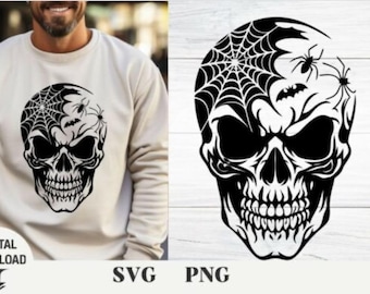 Calavera de Halloween SVG PNG / Diseño de telaraña espeluznante (Descarga digital)