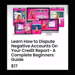 Könnte beinhalten: Werbebild mit einer Frau in Pink auf verschiedenen Bildschirmen. Der Text lautet: "Erfahren Sie, wie Sie negative Konten in Ihrem Kreditbericht anfechten können - Ein vollständiger Leitfaden für Anfänger."