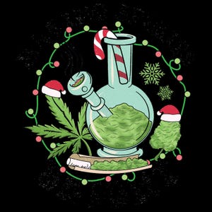 May include: A green glass bong with a red and white candy cane, a green leafy plant, and a red Santa hat. The bong is filled with green leafy material.
