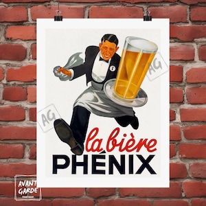 Manifesto pubblicitario della birra: stampa cromolitografia europea La Biére Phénix Man Cave Bar Home Decor stampato su carta di alta qualità