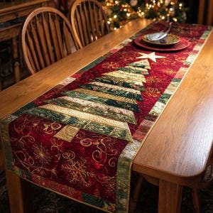 May include: A quilted table runner featuring a central Christmas tree design composed of layered green and gold fabric strips. The background is a deep red fabric with gold embroidered snowflake patterns and swirling lines, finished with a white star.