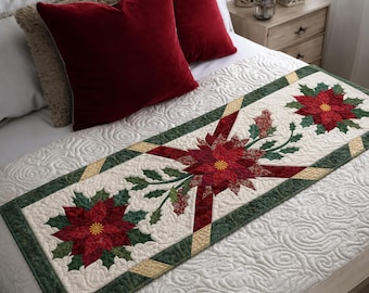 Poinsettia 03059T Quilt Table Runner Pattern, Elegant Christmas Applique Decor (Printed Paper)