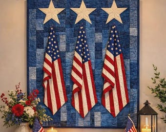 Diseño de colcha estadounidense con tres banderas: decoración patriótica para colgar en la pared.