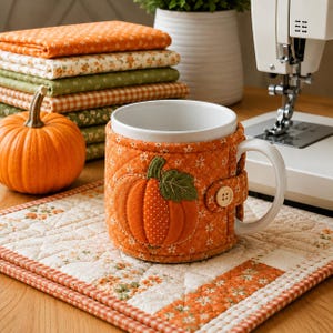 May include: A white ceramic mug wrapped in a quilted orange fabric cozy featuring a pumpkin appliqué, a green leaf, and a wooden button closure. The mug sits on a matching quilted fabric mat next to a small orange pumpkin and folded fabric stacks.