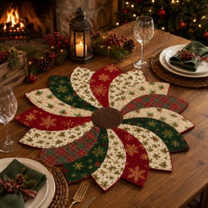 May include: A circular quilted placemat featuring a pinwheel design with alternating segments of red, dark green, and cream fabric. The segments are decorated with gold embroidered snowflakes, holly leaf patterns, and a red and green plaid print.