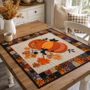 May include: A square quilted table topper featuring a central orange pumpkin appliqué surrounded by orange and brown autumn leaves on a cream-colored background, framed by a patchwork border of various fall-themed fabric patterns in dark tones.