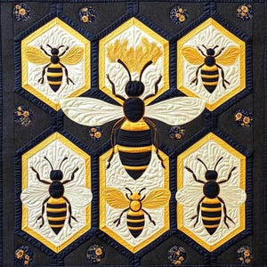 May include: A quilted textile featuring a bee-themed design. The quilt showcases a honeycomb pattern with yellow and white hexagonal cells, each containing a detailed bee illustration. The bees are black and yellow, with white wings, set against a dark blue background.
