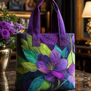 May include: A purple tote bag with a floral design. The bag features a large, embroidered flower with purple petals and yellow stamens, surrounded by green and blue leaves. The handles are a solid purple.