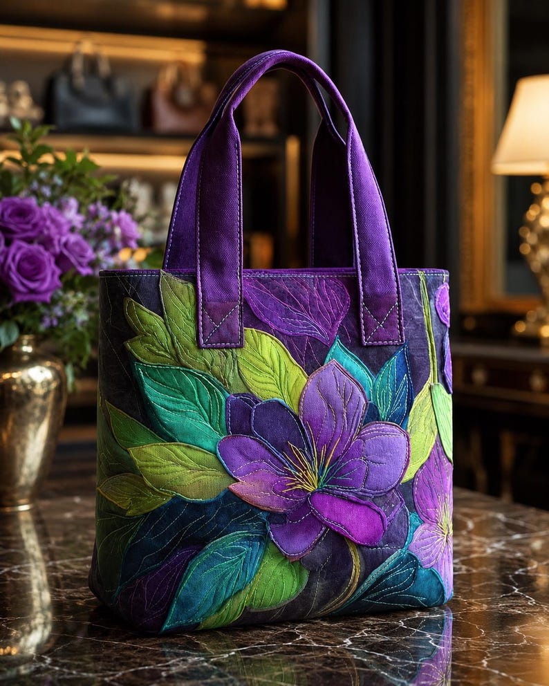 May include: A purple tote bag with a floral design. The bag features a large, embroidered flower with purple petals and yellow stamens, surrounded by green and blue leaves. The handles are a solid purple.