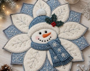 Christmas Glow 3352T Snowman Table Topper Quilt Pattern, Christmas Snowflake Applique, Winter Holiday Decor