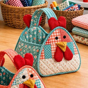 May include: A quilted fabric basket shaped like a chicken, featuring a teal floral interior, a red comb, a yellow beak, and a patchwork exterior of red and white gingham, teal polka dots, and floral patterns with black button eyes.