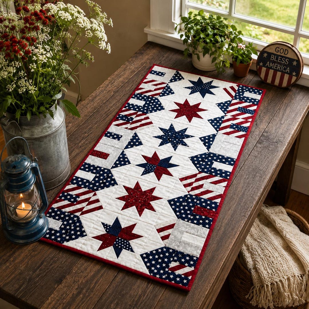 Patriotic Table Runner Quilt Pattern 3365T , Americana Stars, Red White ...