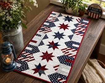 Patriotic Table Runner Quilt Pattern 3365T , Americana Stars, Red White Blue (17 x 36 inches)