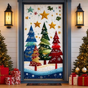 May include: A quilted Christmas door hanging featuring stylized Christmas trees in blue, green, and red, with gold stars and snowflakes on a white background. The door hanging is framed by a blue door frame and is decorated with Christmas lights and presents.