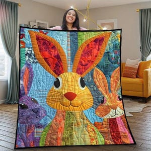 May include: A colorful quilt featuring three cartoon rabbits with large ears. The rabbits are in shades of yellow, orange, and purple, set against a patchwork background of blue, green, and red. The quilt has a black border.