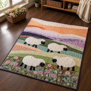 May include: A colorful quilt featuring a pastoral scene with four white sheep with black faces and legs grazing in a field of flowers. The quilt has a striped background in shades of orange, purple, green, and pink.