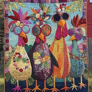 May include: A colorful, quilted wall hanging featuring four whimsical chickens wearing sunglasses and elaborate headpieces. The chickens are in shades of yellow, orange, purple, and teal, set against a light blue background with leaf and floral accents. The quilt is bordered with patterned fabric.