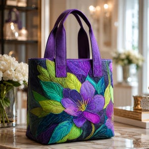 May include: A quilted tote bag with a floral design. The bag features a large purple flower with yellow stamens, surrounded by green and blue leaves. The handles and trim are a solid purple color. The bag is sitting on a marble surface.