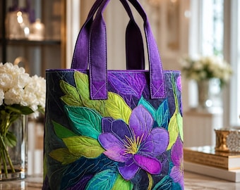 Iris Flower Quilt Tote Bag Pattern, Floral Applique Sewing Project, 14x16 Inch Bag