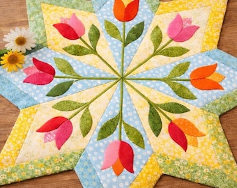 Tulip Star Quilt Table Topper – Tulip Burst 03310T Floral Patchwork Spring Decor (24x24 inches)