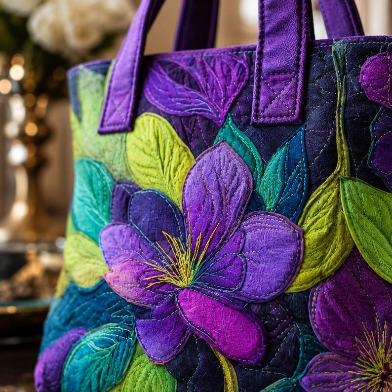 May include: A quilted tote bag with a floral design. The bag features large, stylized flowers in shades of purple, with green and blue leaves. The handles and trim are a solid purple. The background is a dark navy blue.