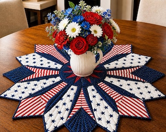 Star Radiance 03369T Quilt Pattern, Patriotic Table Topper, Americana Starburst Decor (Printed Pattern)