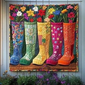 May include: A colorful quilted wall hanging featuring five tall, decorative boots filled with vibrant flowers. The boots are in shades of blue, green, yellow, pink, and orange, each with unique patterns. The background is a floral design.