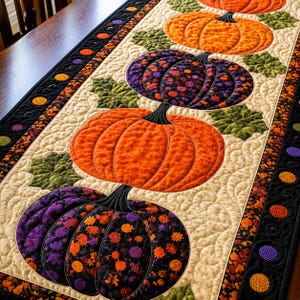May include: A quilted table runner featuring orange and purple pumpkins with black stems and green leaves. The pumpkins are set against a cream-colored background with a decorative border in black, orange, and purple.
