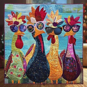 May include: A colorful quilt featuring four stylized chickens wearing sunglasses. Each chicken has a unique patterned body and headpiece, with a blue sky background. The quilt is made of various fabrics and colors.