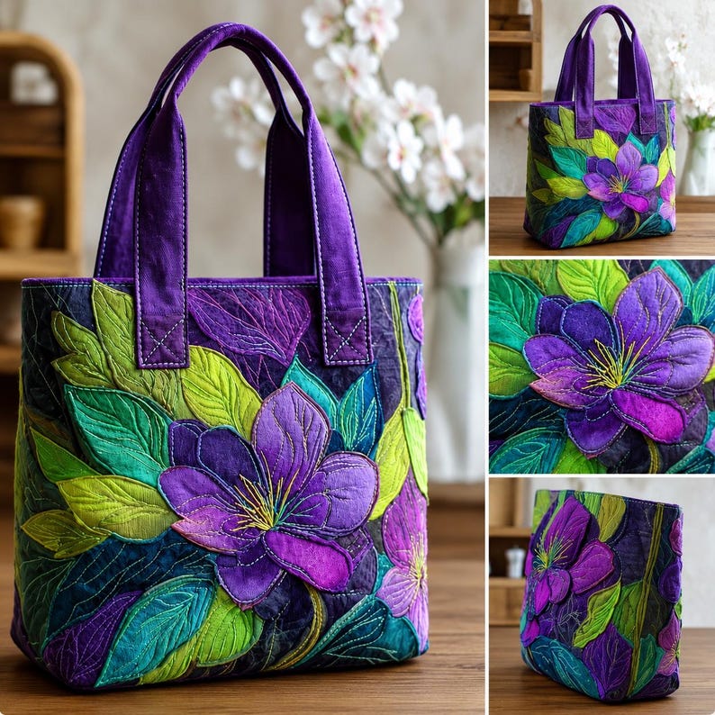 May include: A quilted tote bag with a floral design. The bag features a large purple flower with green and blue leaves. The handles and trim are a solid purple color. The bag is made of fabric and has a structured shape.