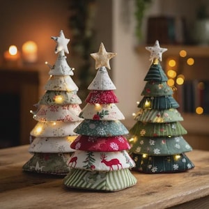 May include: Three decorative fabric Christmas trees with star toppers and string lights. The trees are made of layered fabric in various patterns, including floral, stripes, and reindeer motifs. The trees are placed on a wooden surface.