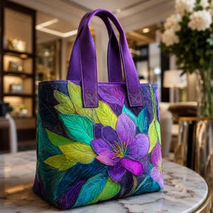 May include: A quilted tote bag with a floral design. The bag features a large purple flower with yellow accents, surrounded by green, blue, and purple leaves. The handles are a solid purple, and the bag is sitting on a marble table.