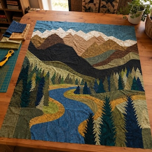 May include: A fabric quilt featuring a landscape scene with white-capped brown mountains, a winding blue river, and dark green pine trees. The textile art displays layered fabric pieces in shades of blue, brown, green, and tan, creating a detailed mountain forest view.