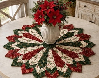 Merry Garland 03562T Christmas Table Topper Quilt Pattern, Holiday Wreath Quilt, Poinsettia Decor