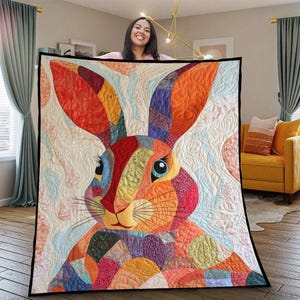 May include: A colorful patchwork quilt featuring a large, abstract rabbit design. The rabbit is made up of various shades of orange, red, yellow, green, blue, and purple. The quilt is perfect for adding a touch of whimsy and color to any room.