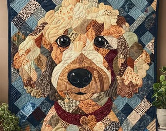 May include: A handcrafted quilt featuring a detailed portrait of a dog. The dog's face is composed of various fabric patches in shades of beige, brown, and cream, with a dark red collar. The background is a patchwork of blue and patterned fabrics.