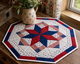 Patriotic Star 3357T Quilt Pattern, Octagon Table Topper, Red White Blue Americana Decor