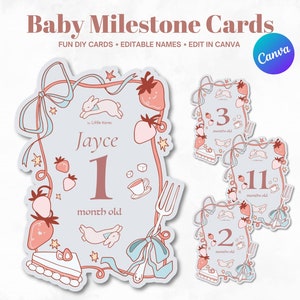 Tarjetas de hitos para bebés de bricolaje con diseño de conejito de primavera, tarjetas de hitos para bebés unisex imprimibles, tarjetas de mes personalizadas, ilustraciones digitales a mano en Canva