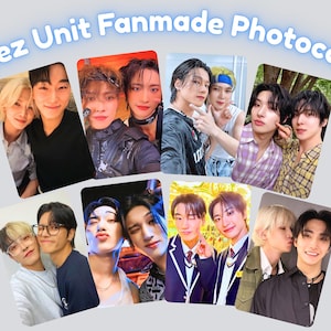 May include: A collection of fanmade photocards featuring various members of the K-pop group Ateez. The cards display images of the members in different poses and outfits, with a light blue background and text that reads "Ateez Unit Fanmade Photocards".