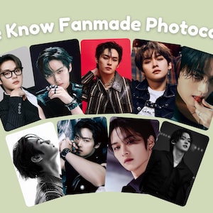 May include: A collection of fanmade photocards featuring various images of Lee Know. The cards are arranged on a light green background with white star accents. The text "Lee Know Fanmade Photocards" is at the top.