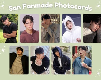 May include: A collection of nine fanmade photocards featuring images of a person in various outfits and settings. The cards are arranged on a light green background with the text "San Fanmade Photocards" at the top.
