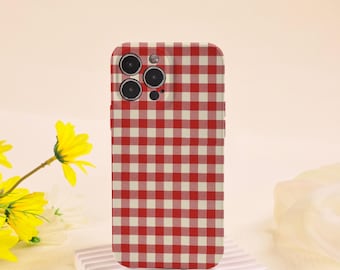 Crimson Gingham Glossy Soft Case for iPhone 17 16 15 14 13 12, 16 Plus/Pro Max, 16e/Air, 13 12 Mini, X XS XR SE, Full Lens Protection Cover