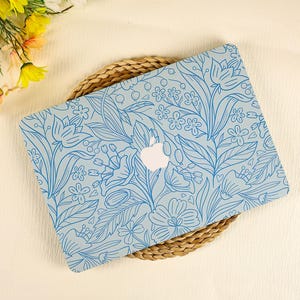 Blue Line Flowers MacBook Case for New 2025 M4 Air 15/13 Inch A3240 A3241 MacBook Pro 13 14 15 16 Inch 2024 M3 M2 M1 Laptop Cover 2023 2022