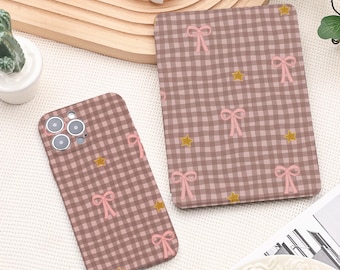 Dusty Pink Checkered Bow Kindle Case, Personalization Kindle Paperwhite 12th 2024 Case, Kindle 11th 6" Case, Auto Wake/Sleep Kindle Case