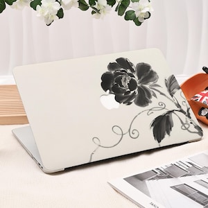 Simple Ink Flower Macbook Cover for 2025 M4 Air 15/13 MacBook Pro 16/14/15/13 Inch M1 2022 M2 M3 2024 Cream and Black Protective Case