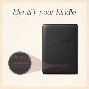 以下が含まれることがあります： 上部に「Identify your Kindle」というテキストがある黒い電子書籍リーダー。デバイスの背面にはAmazonのロゴがあり、円形の拡大図がデバイス下部の筐体に印刷された「MODEL NO. J9G29R」というテキストを強調しています。