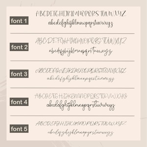 K&ouml;nnte beinhalten: Darstellung von f&uuml;nf verschiedenen Schriftarten, die jeweils Gro&szlig;- und Kleinbuchstaben zeigen. Die Schriftarten variieren im Stil, von klassischer Serifenschrift bis zu eleganter Schreibschrift, mit Bezeichnungen wie "font 1" bis "font 5".
